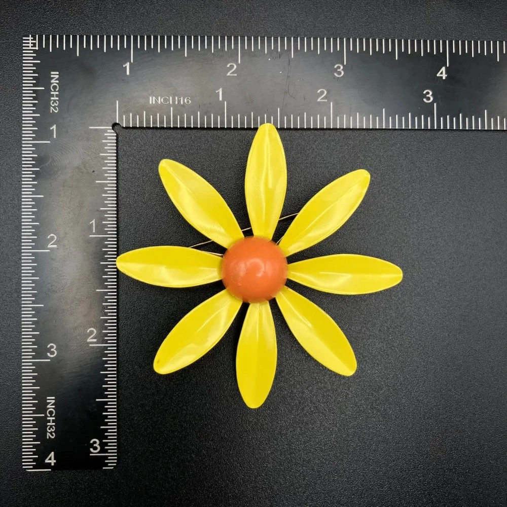 Vintage Enamel Daisy Flower Brooch Yellow Orange Large Mod Floral Pin 2.75in